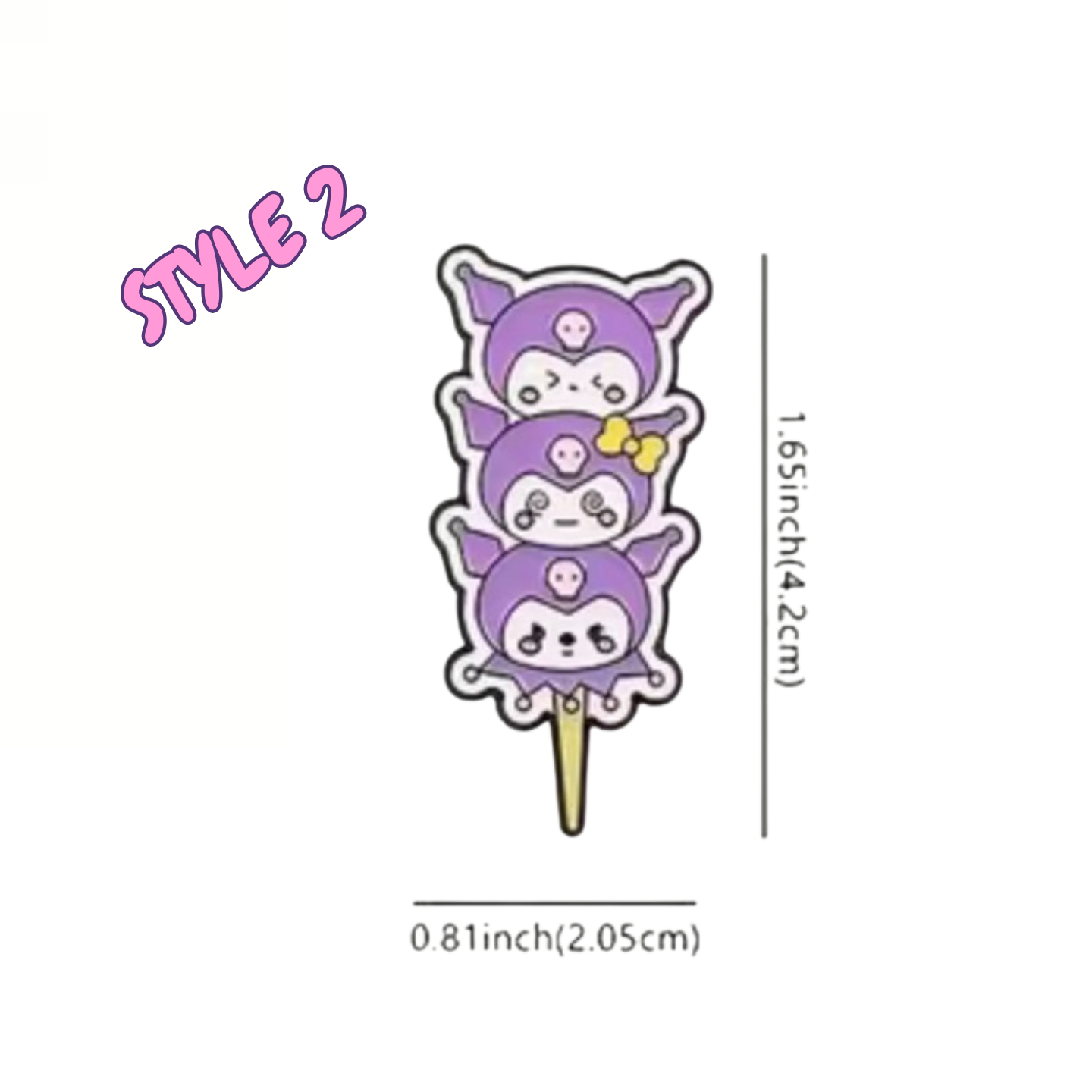 Three purple cartoon characters on a stick with measurements on a white background