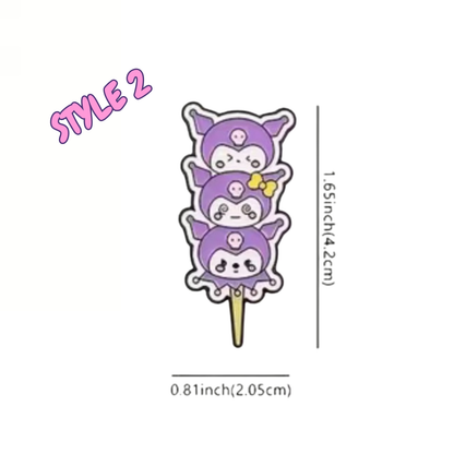 Three purple cartoon characters on a stick with measurements on a white background