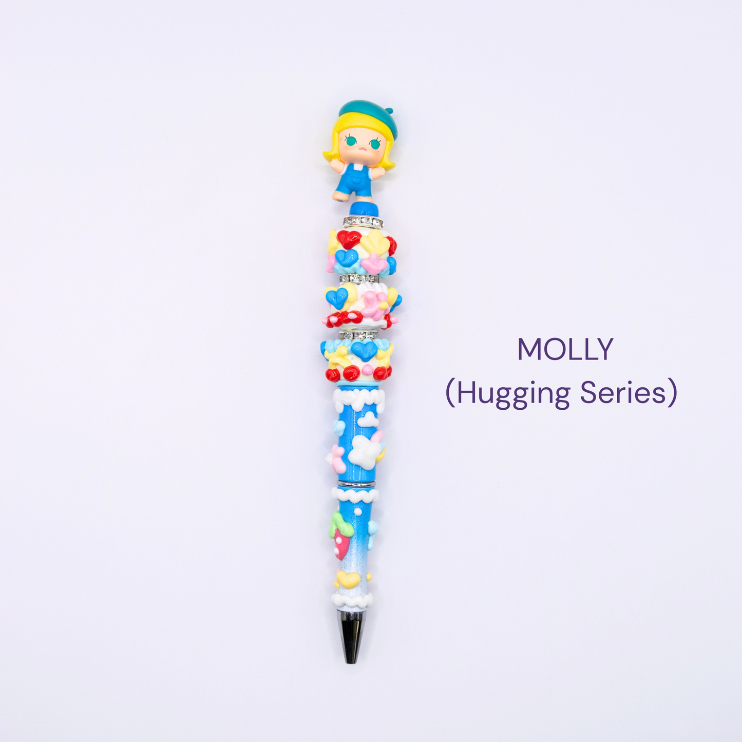 Colorful beaded pen with cartoon character design on a white background, labeled 'MOLLY Hugging Series'.