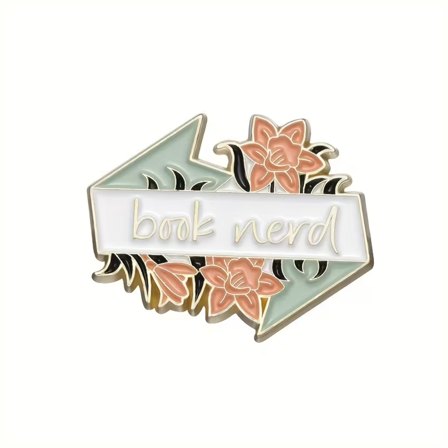 Pin with 'book nerd' text and floral design on a white background