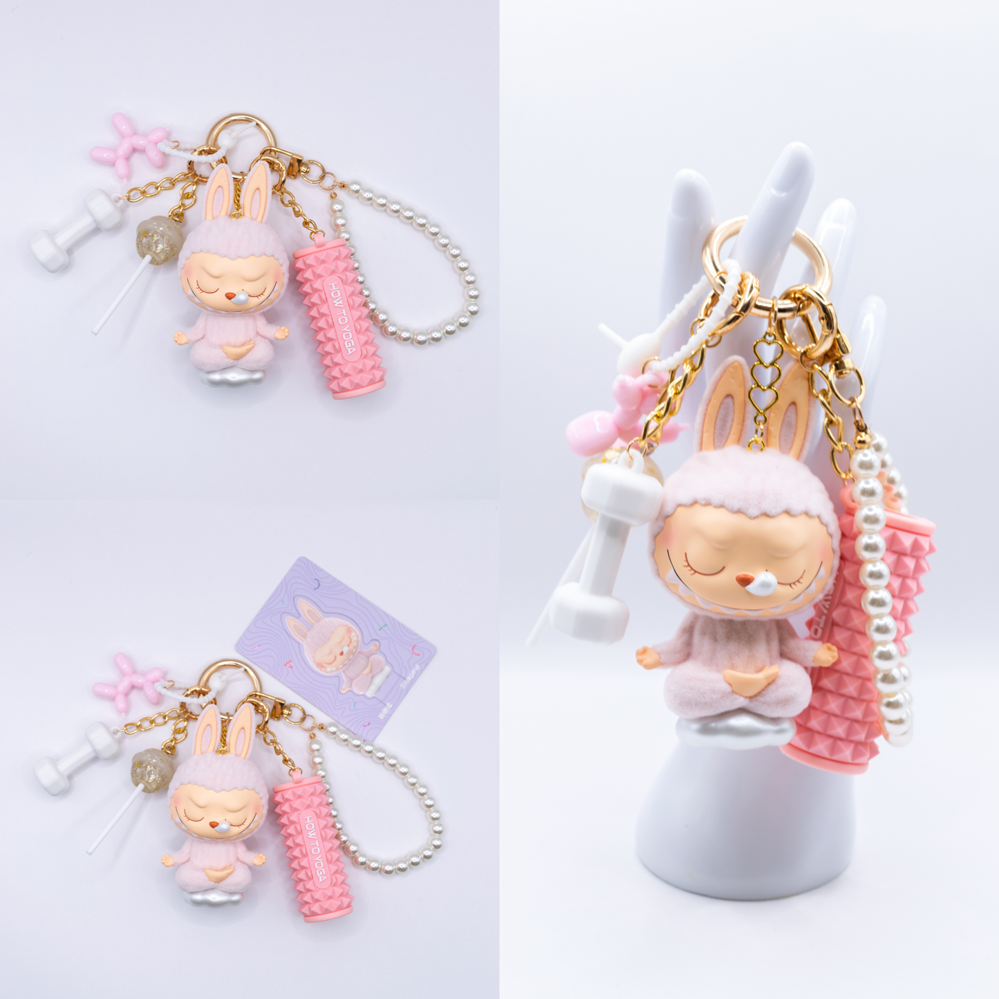 Golden Keychain with Labubu Lazy Yoga Figure and matching charms from three different angles on a white background