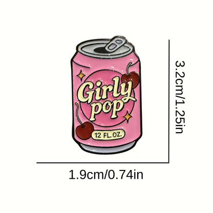 Pink 'Girly Pop' can with cherry illustration and dimensions on a white background