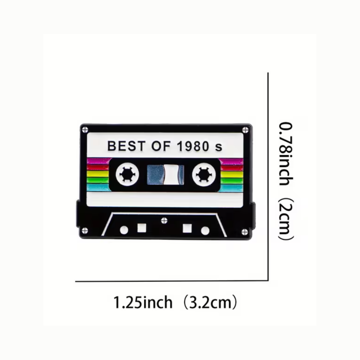Cassette tape design patch with 'Best of 1980s' text and measurements on a white background