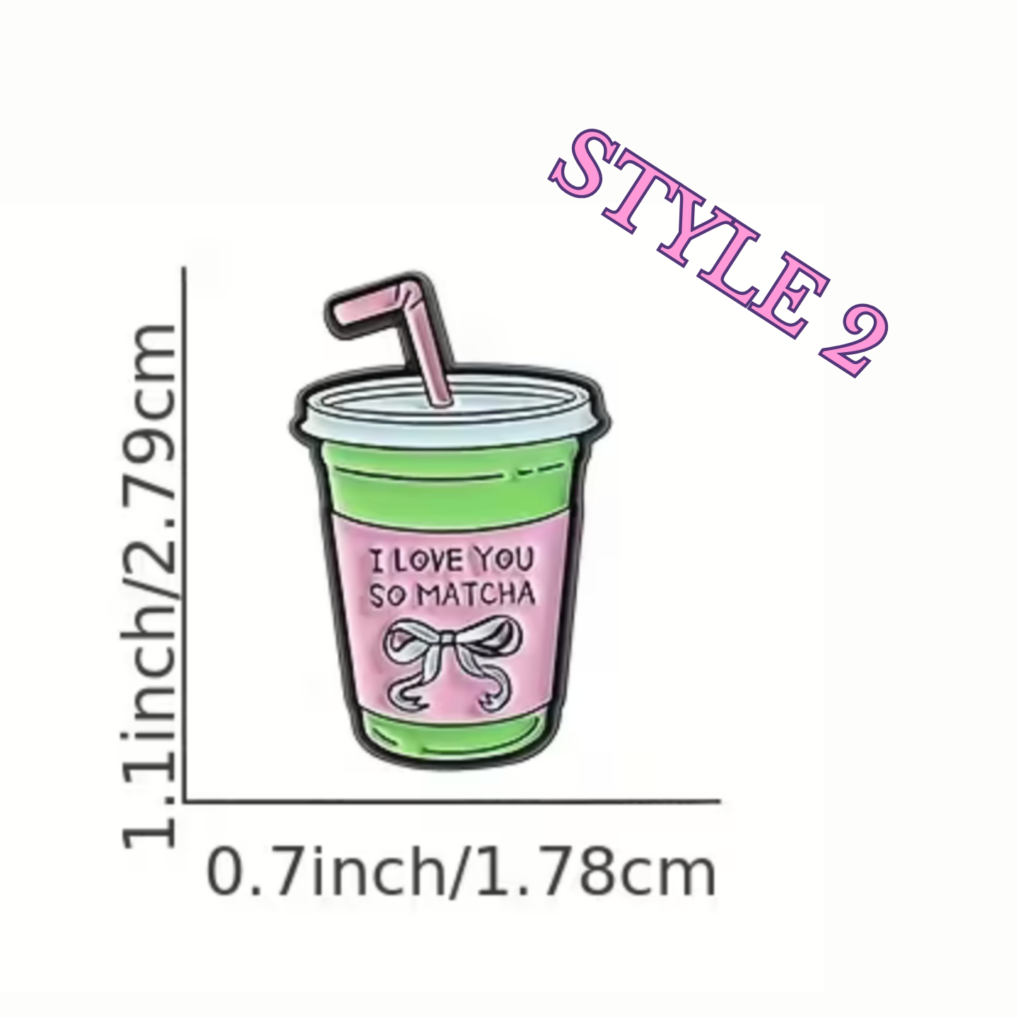Pin with a matcha drink design labeled 'I Love You So Matcha' and measurements on a white background.