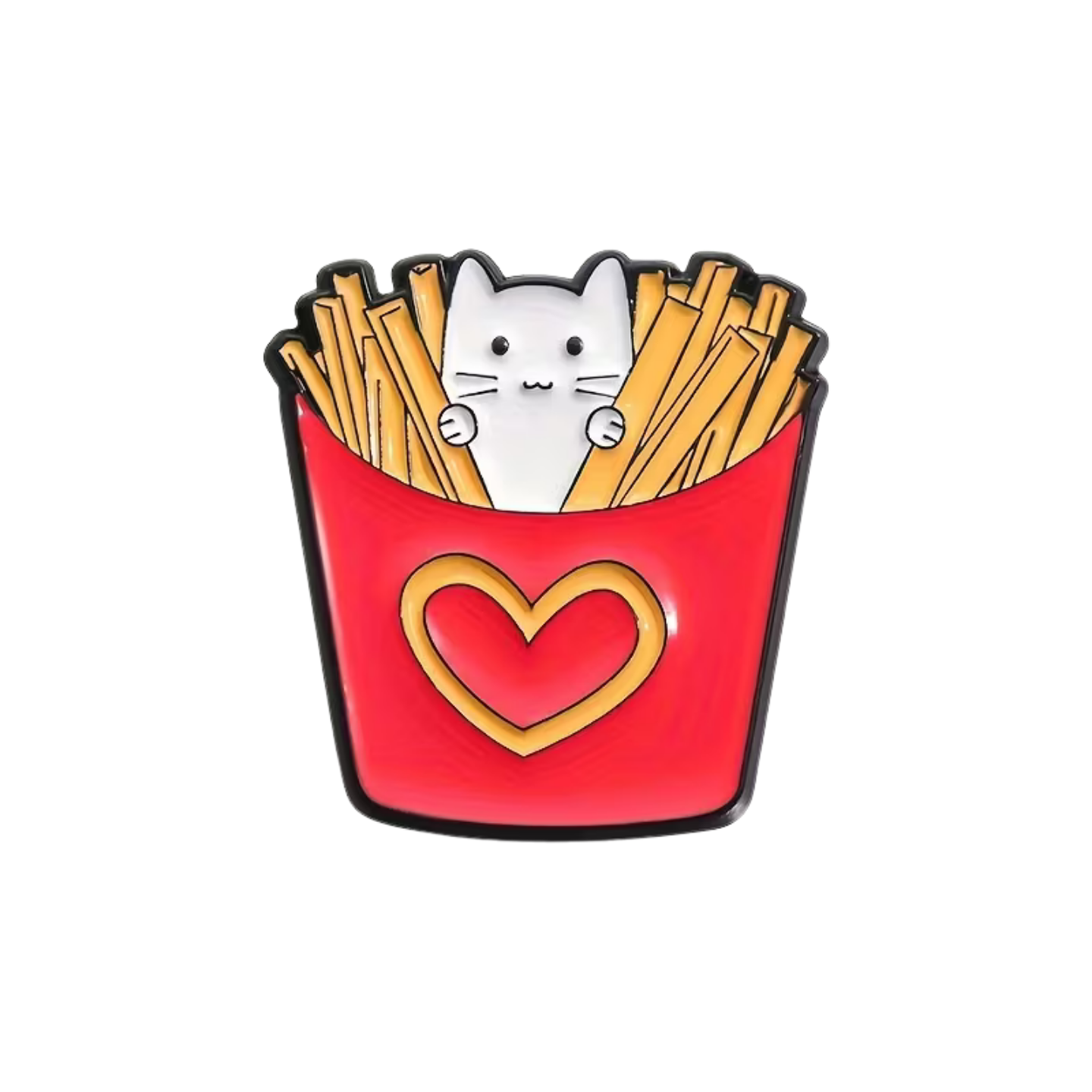 Cat-shaped French fry container with a heart on a white background