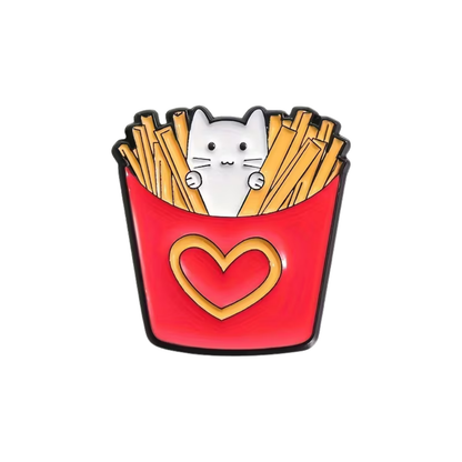 Cat-shaped French fry container with a heart on a white background