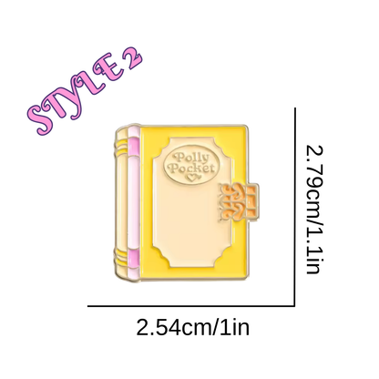 Yellow book-shaped object with 'Polly Pocket' branding, showing dimensions on a white background.