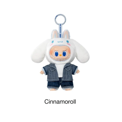 Plush keychain of Labubu x Cinnamoroll in denim outfit on a white background
