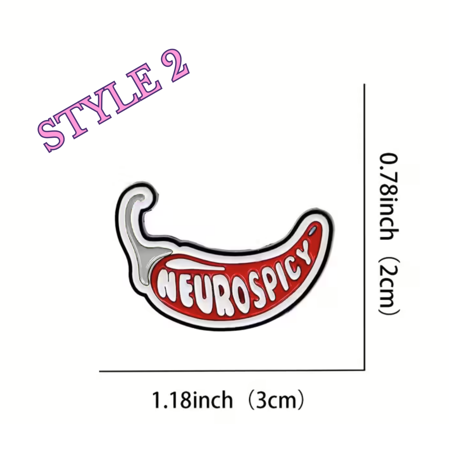 Enamel pin with 'Neurosplicy' design and measurements on a white background