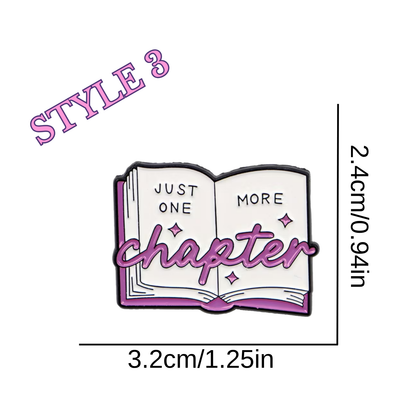 Open book emoji with 'JUST ONE MORE chapter' text and measurement details on a white background
