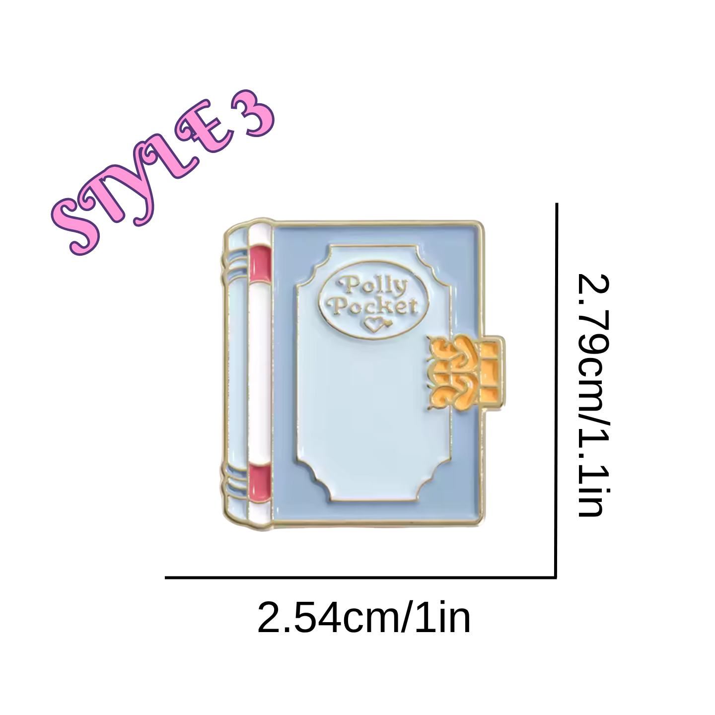 Book-shaped pin with 'Polly Pocket' text, measurements indicated on a white background