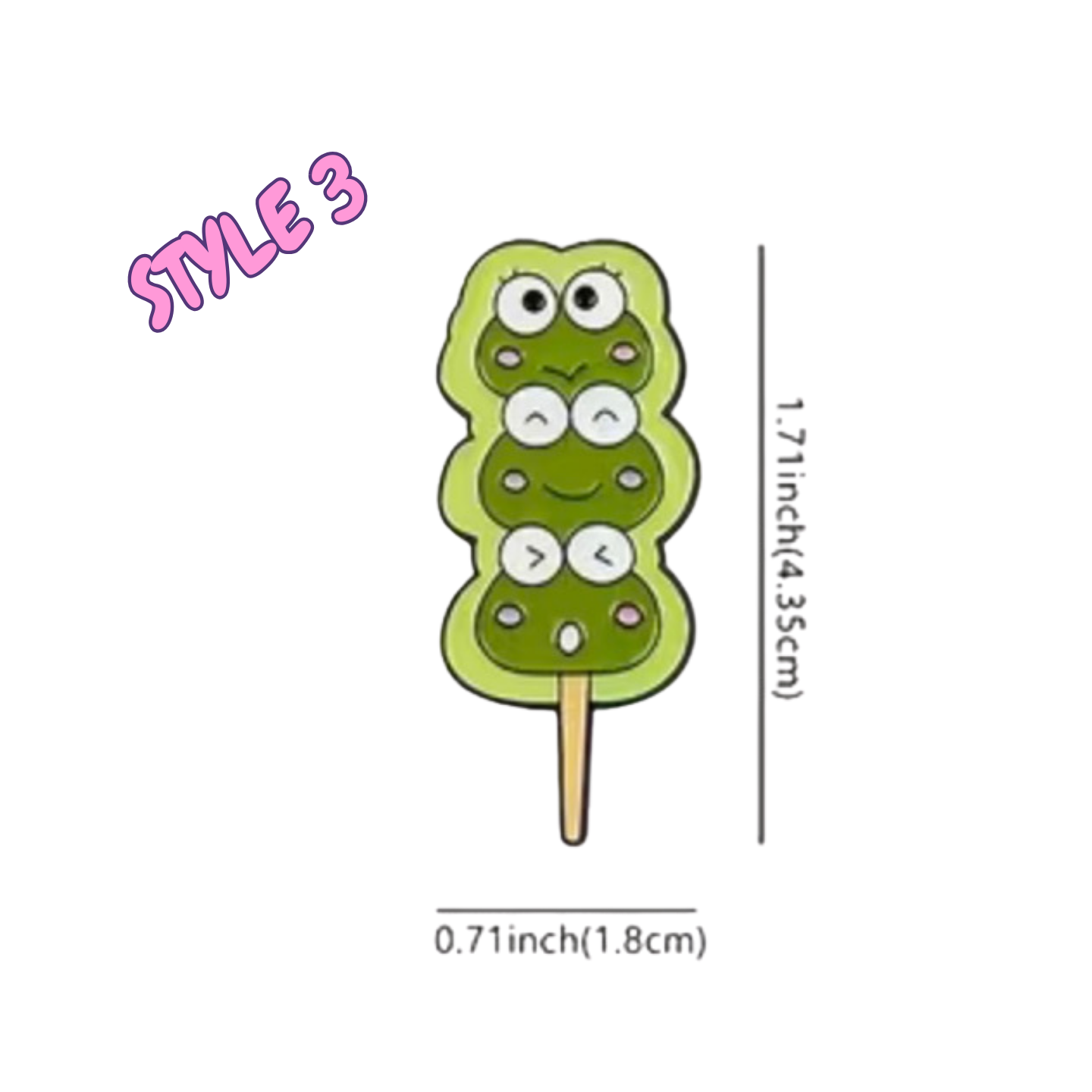 Illustration of a green ice cream with eyes and a mouth on a stick, labeled 'Style 3', with measurements on a white background.