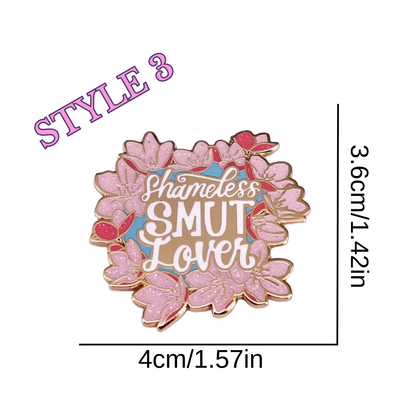 Floral-themed badge with 'Shameless SMUT Lover' text, shown with measurements on a white background.
