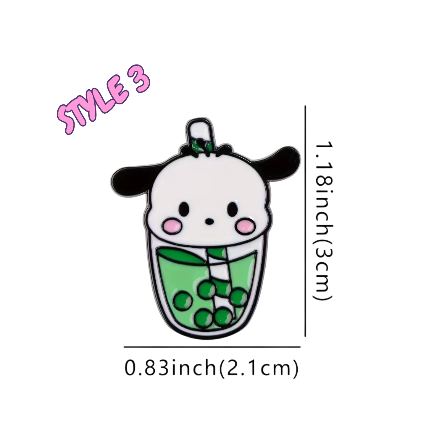 Cartoon character in a bubble tea cup with measurements on a white background