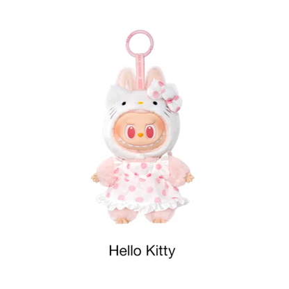 Plush toy Labubu x Hello Kitty in pink and white polka dot dress on a white background