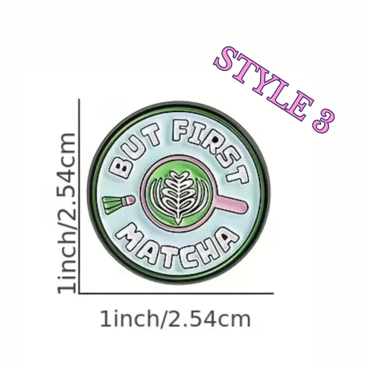 Circular matcha-themed product with measurement details on a white background