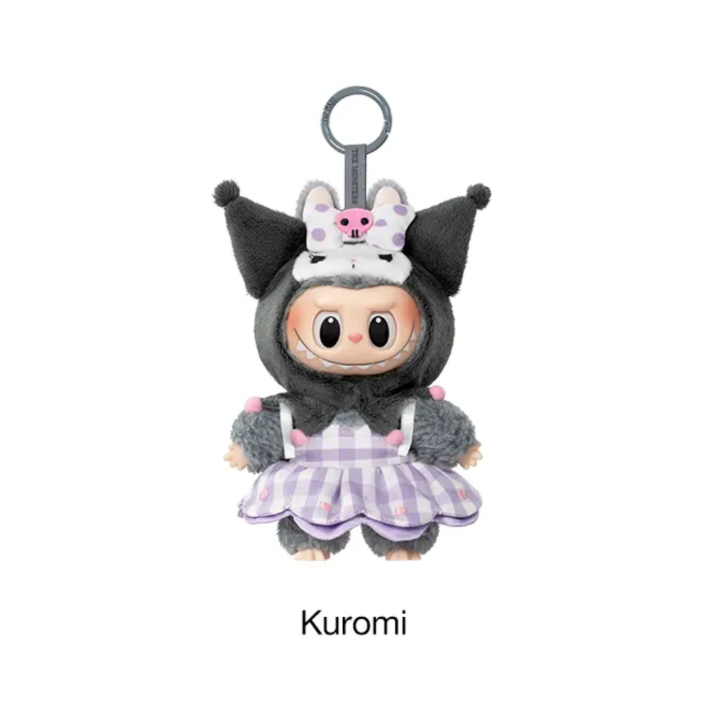 Plush toy character Labubu x Kuromi in a black outfit with a white hat and purple checkered dress on a white background.