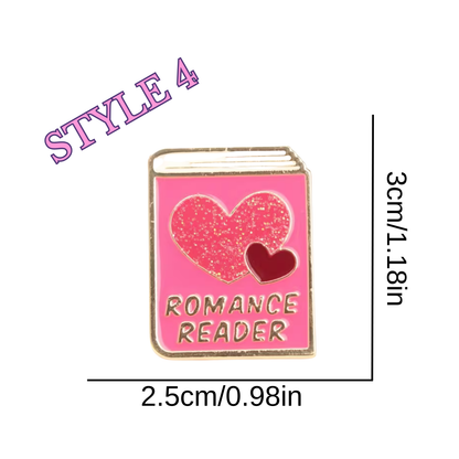 Pin with 'Romance Reader' text and heart design, size indicated