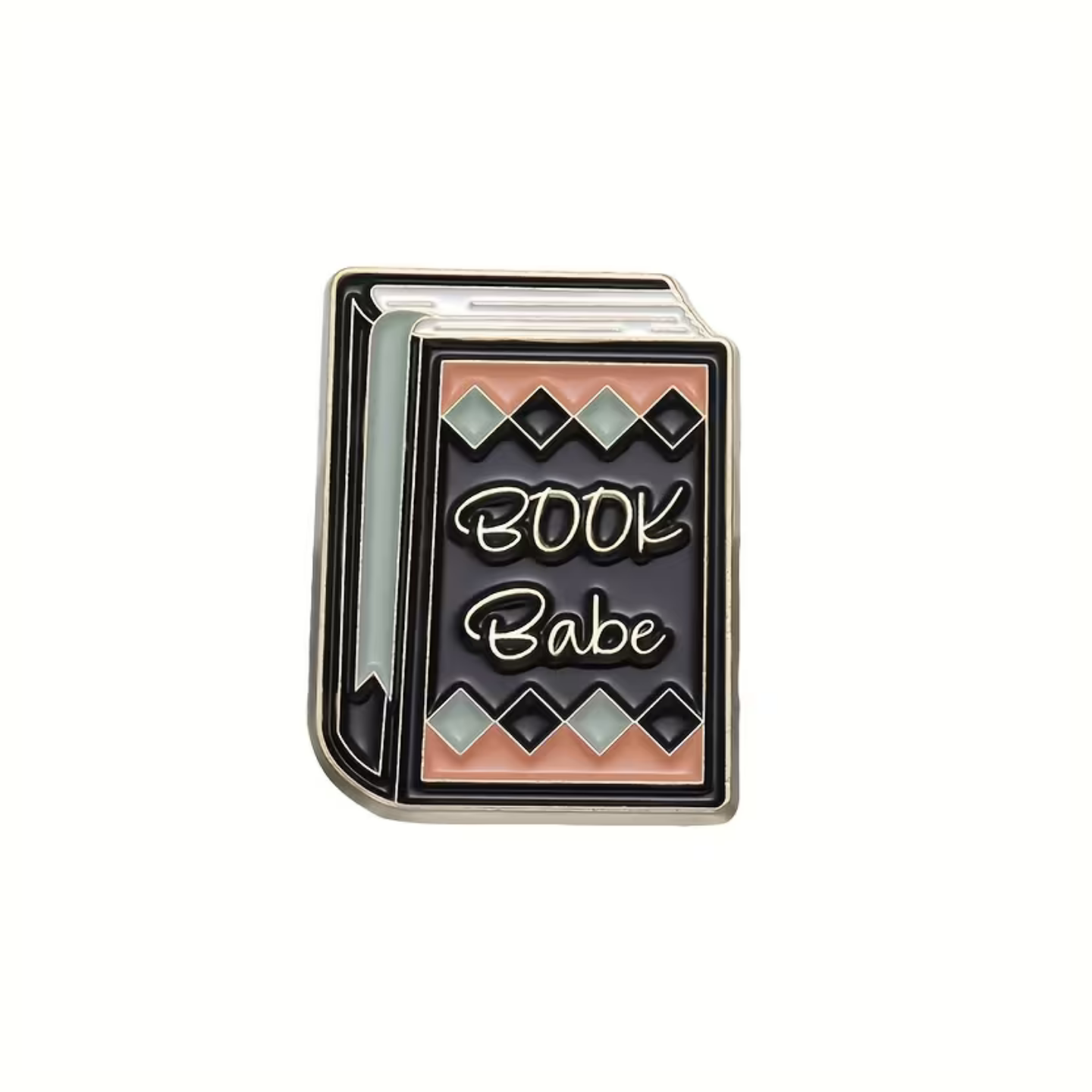 Enamel pin shaped like a book with 'BOOK Babe' text on a white background