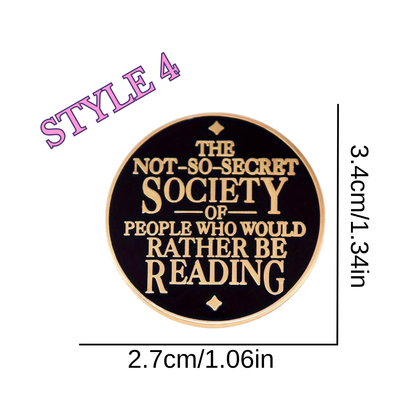 Circular sticker with text 'The Not-So-Secret Society of People Who Would Rather Be Reading' on a black background, with dimensions provided.