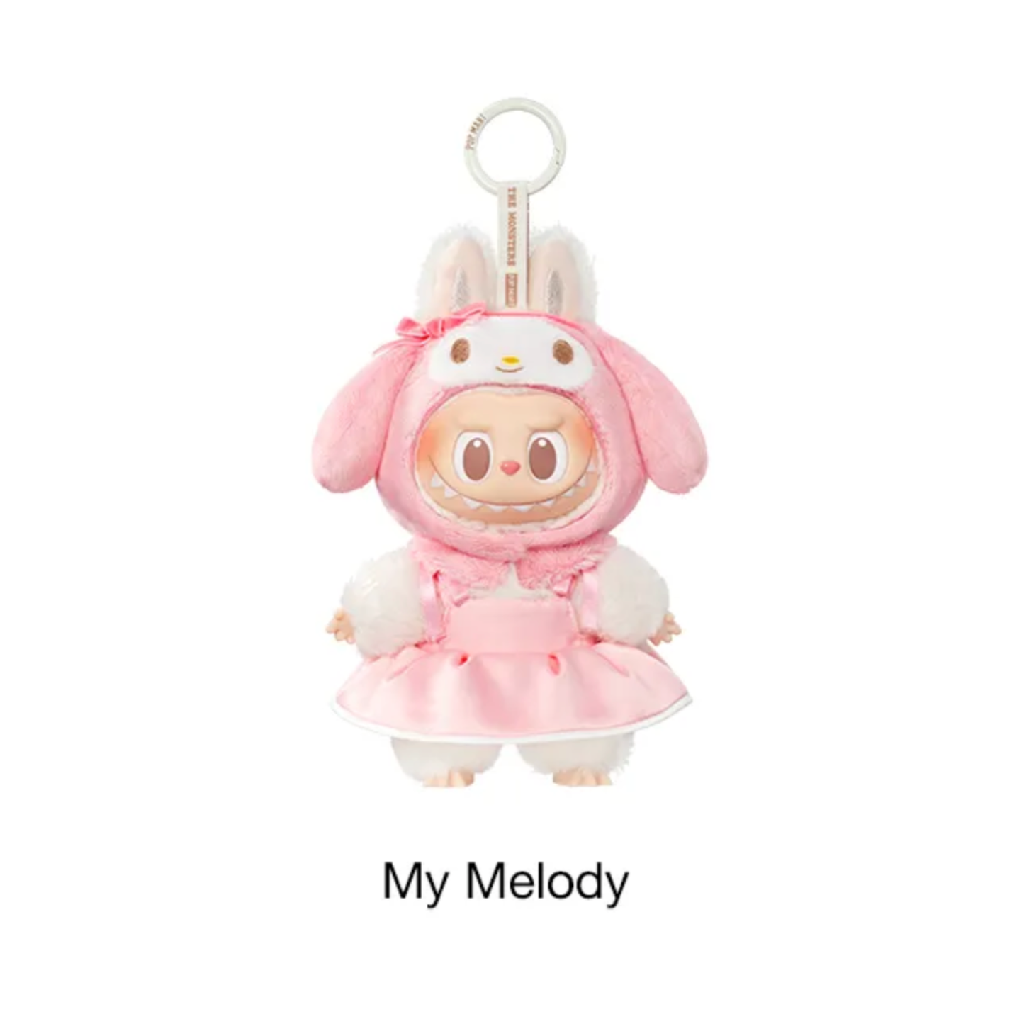 Plush Labubu x My Melody keychain in a pink outfit on a white background