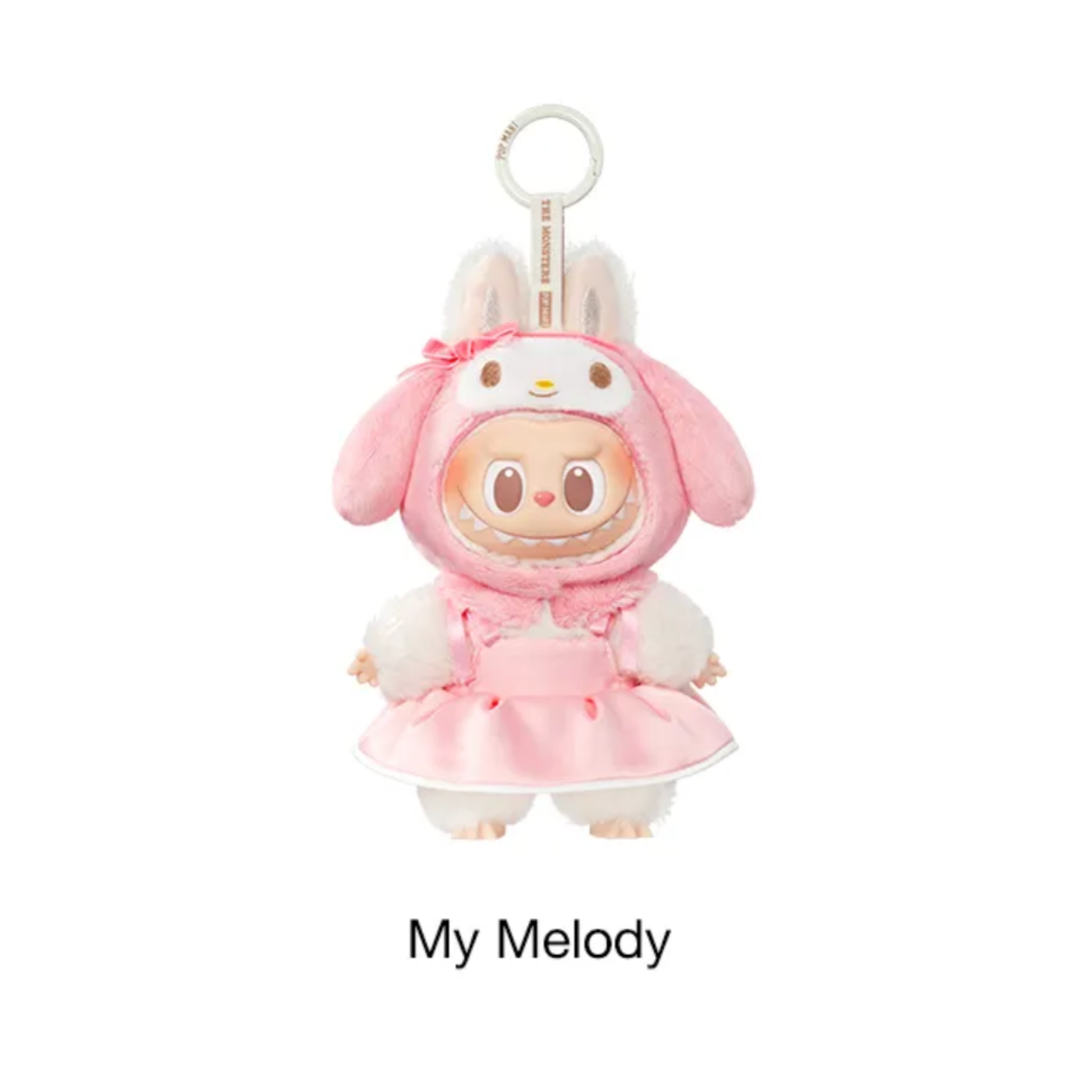 Plush Labubu x My Melody keychain in a pink outfit on a white background