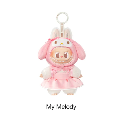 Plush Labubu x My Melody keychain in a pink outfit on a white background