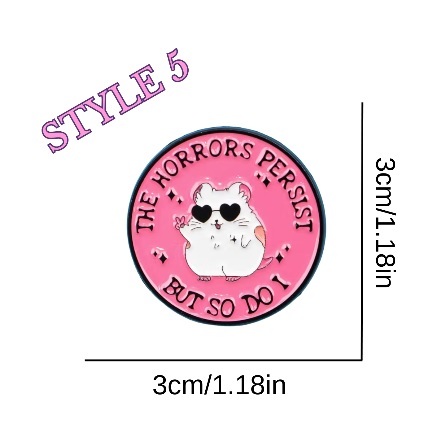 Circular pink badge with a cartoon hamster and text, size 3cm/1.18in.