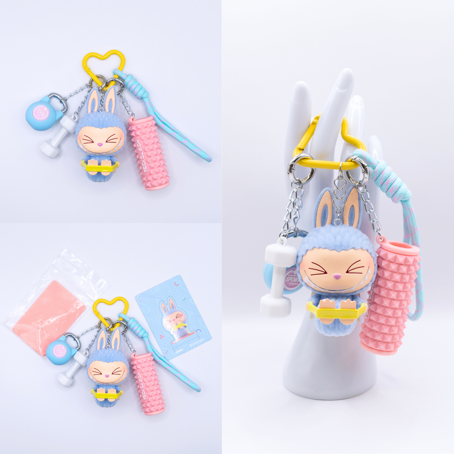 Yellow Keychain with Labubu Lazy Yoga Stretch Out Figure and matching charms from three different angles on a white background
