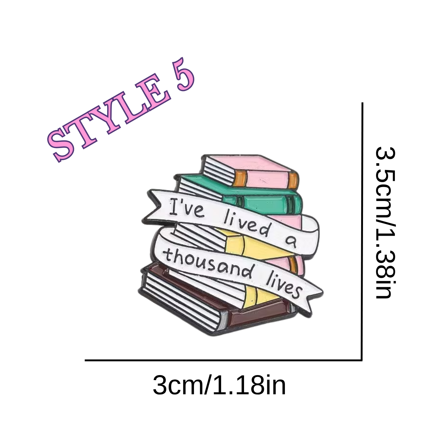 Stack of books with a banner reading 'I've lived a thousand lives' and measurement details on a white background.
