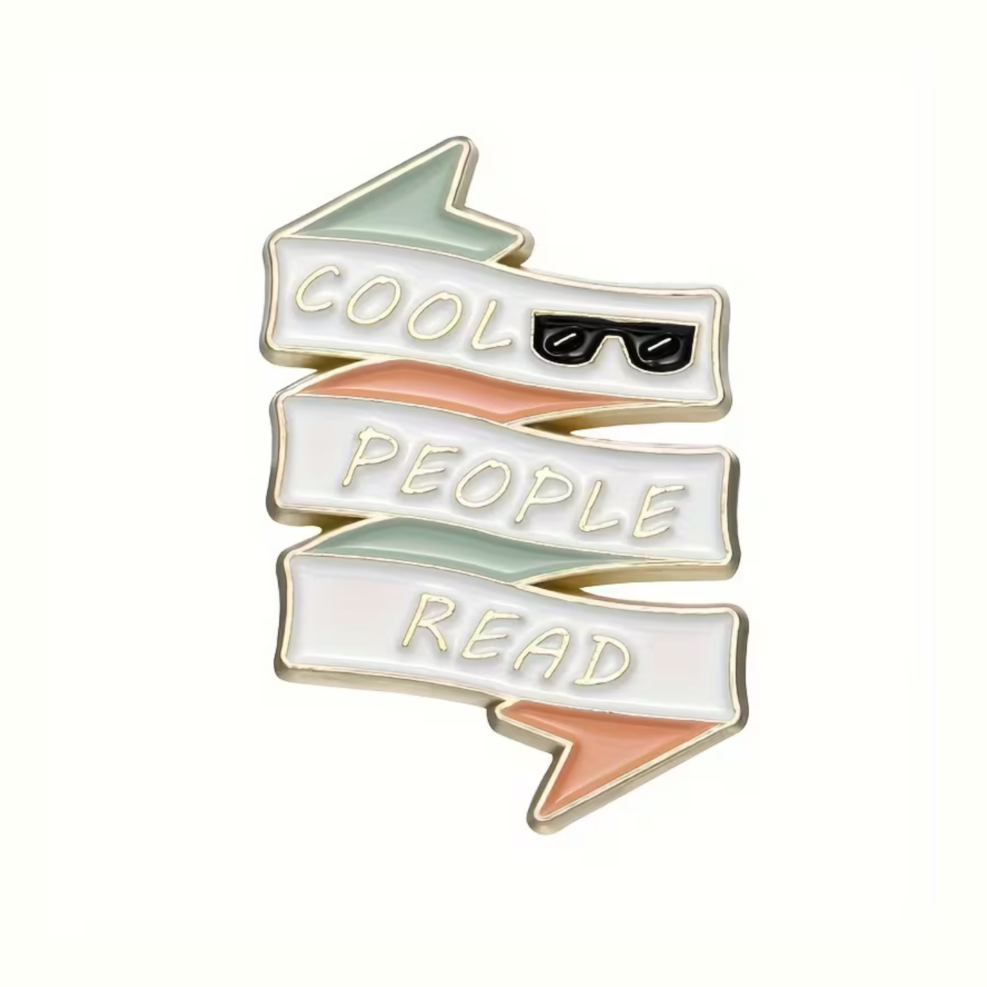 Enamel pin with 'Cool people read' text and sunglasses icon on a white background