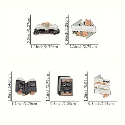 Set of book-themed pins with measurements on a white background