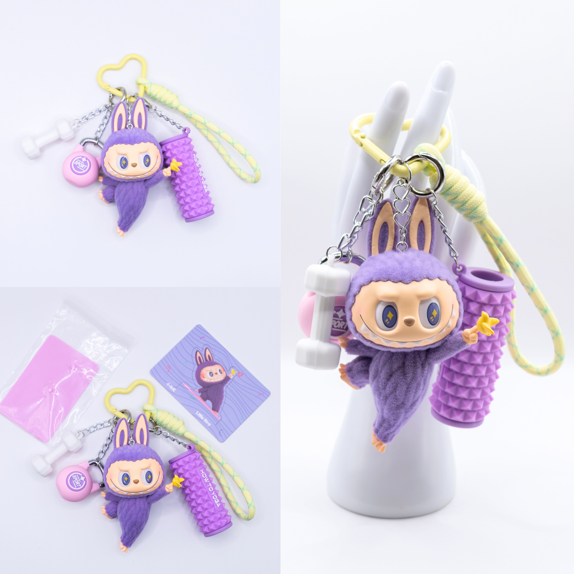 Yellow Keychain with Labubu Lazy Yoga Little Bird Figure and matching charms from three different angles on a white background