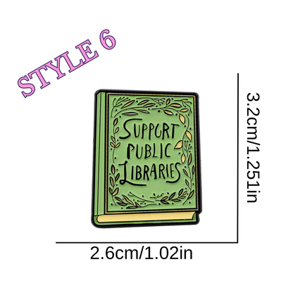 Pin with 'Support Public Libraries' text on a green book design, shown with dimensions.
