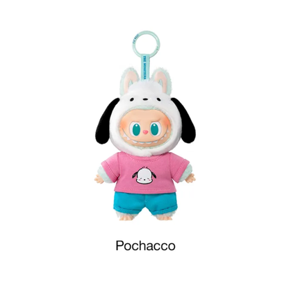 Plush toy of Labubu x Pochacco with a white hood and pink shirt on a white background