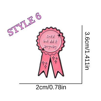 Pink ribbon sticker with text 'cried but did it anyway' and dimensions on a white background