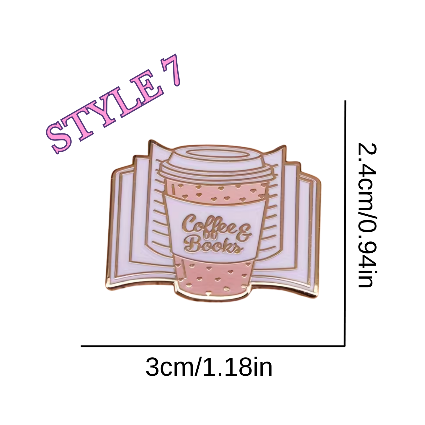 Gold and pink-tones pin showing a coffee cup over a book with written "Coffee & Books"