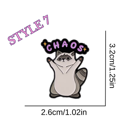 Cartoon cat with 'CHAOS' hat and measurement details on a white background