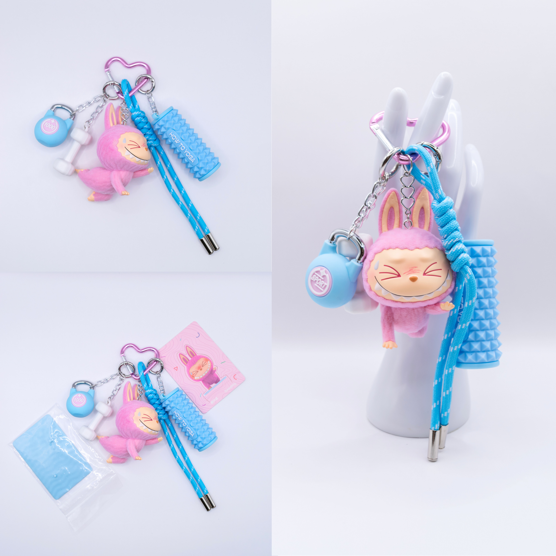 Pink Keychain with Labubu Lazy Yoga Sweating Figure and matching charms from three different angles on a white background