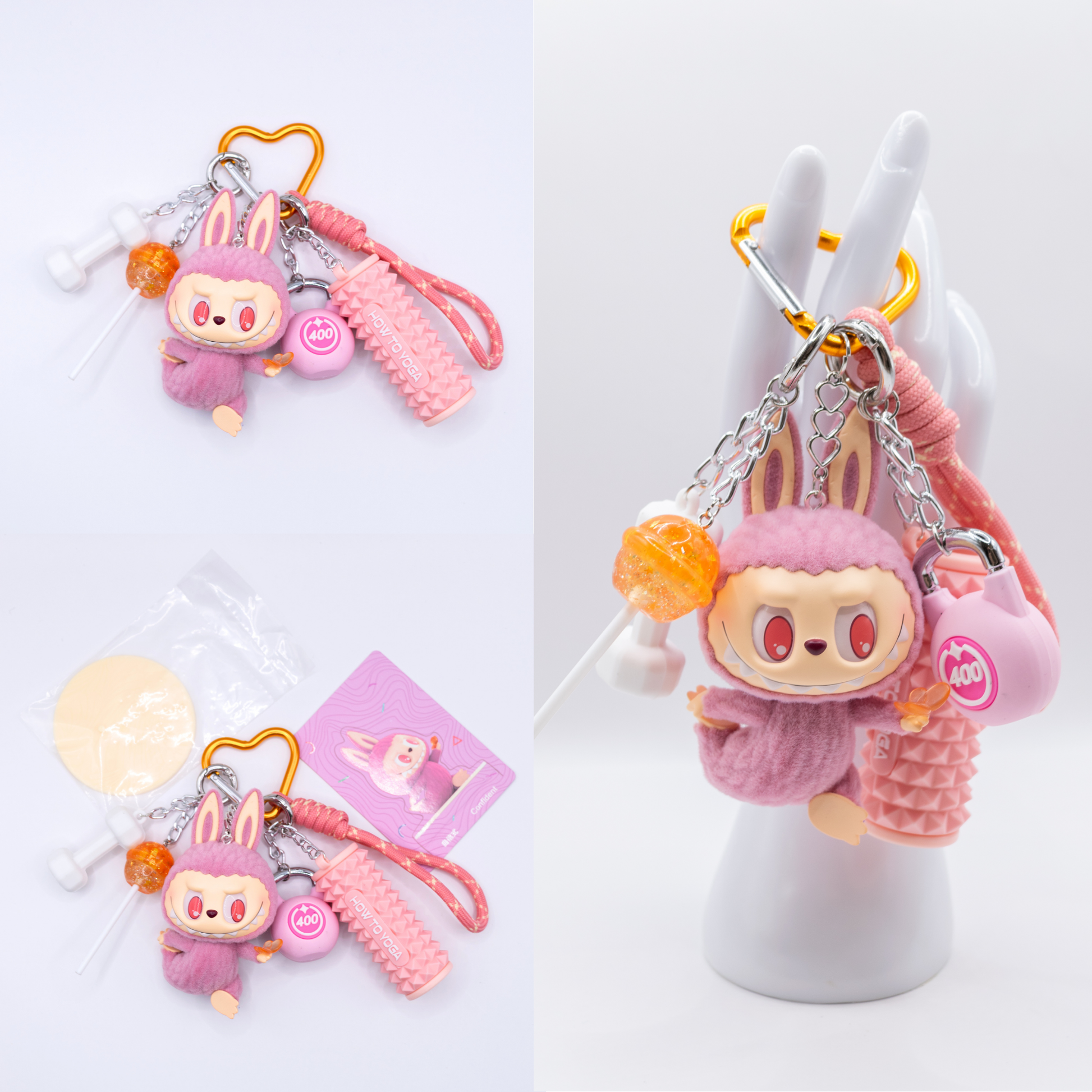Orange Keychain with Labubu Lazy Yoga Confident Figure and matching charms from three different angles on a white background