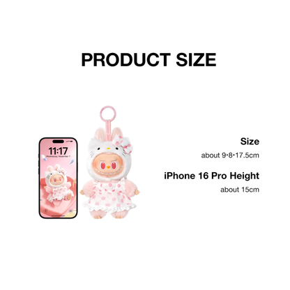 Small plush toy next to an iPhone 16 Pro to show size comparison on a white background.